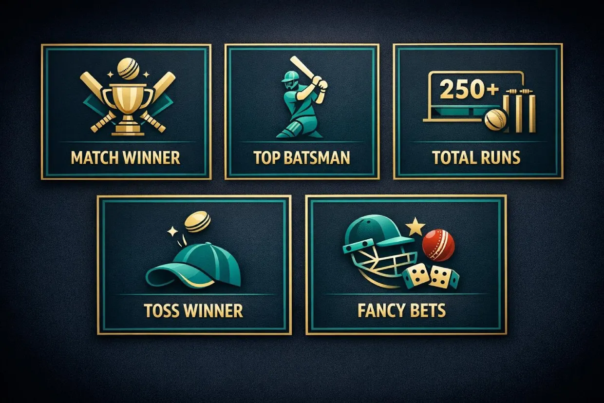 ReddyBook cricket betting types including match winner total runs and fancy bets